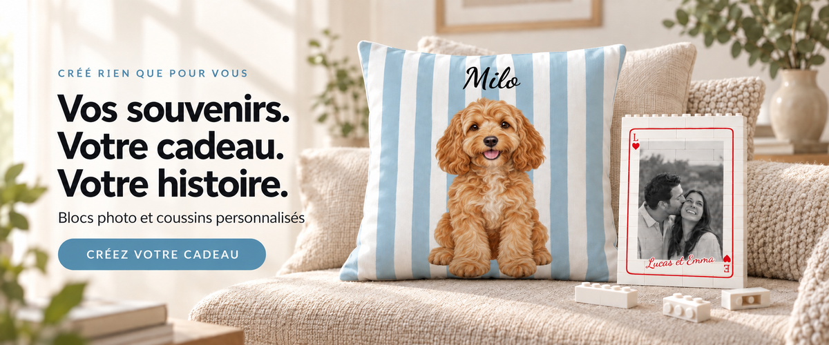 Vos souvenirs. Votre cadeau. Votre histoire. Blocs photo et coussins personnalisés. Créez votre cadeau.